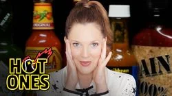 Drew Barrymore Has a Hard Time Processing While Eating Hot Wings